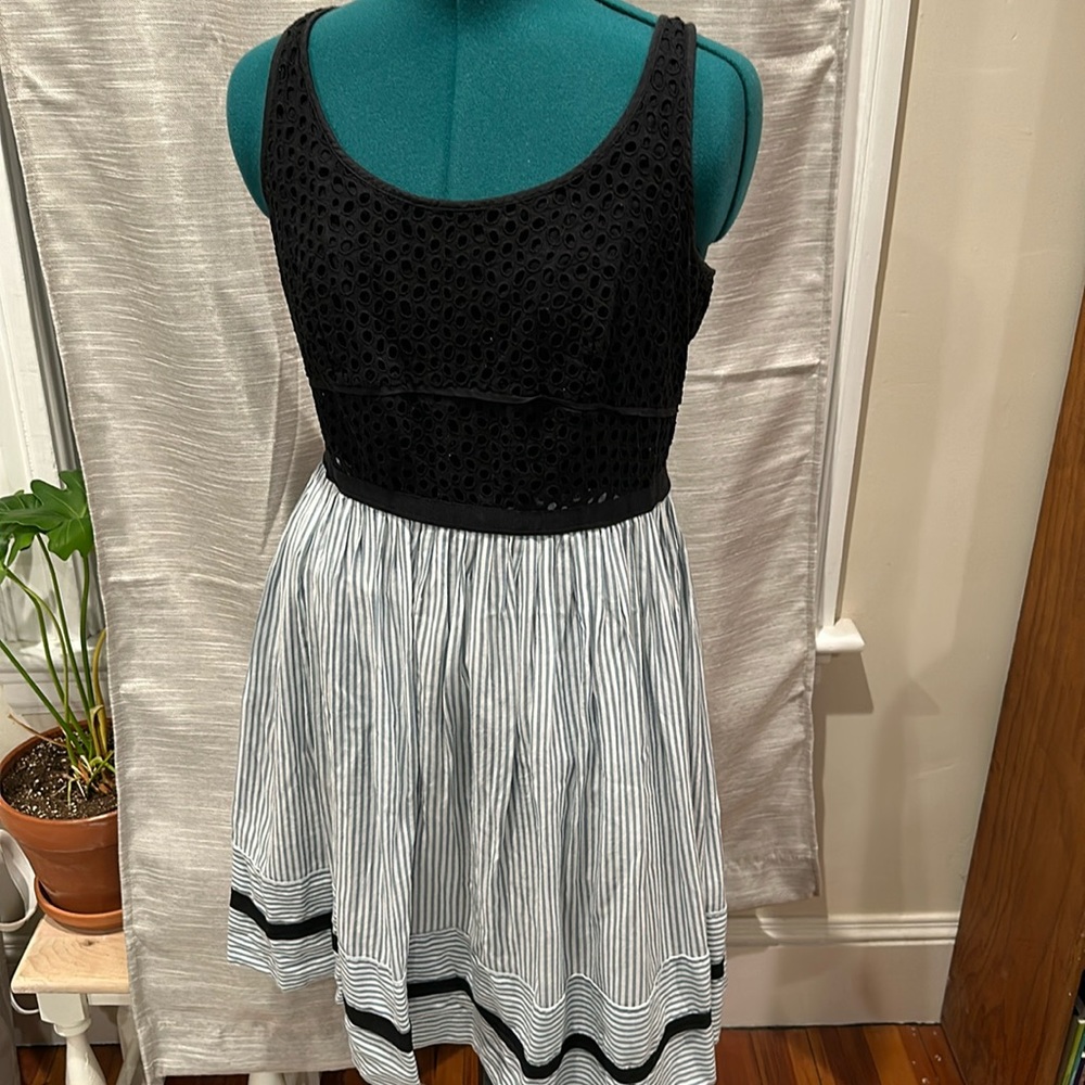 LOFT black eyelet and blue and white stripe dress. M